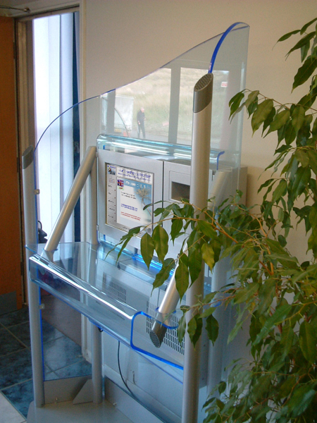 The v46 kiosk unit is designed to comfortably accommodate wheelchair users, whilst maintaining a stylish design. The large area behind the screen is ideal for advertising or identification.